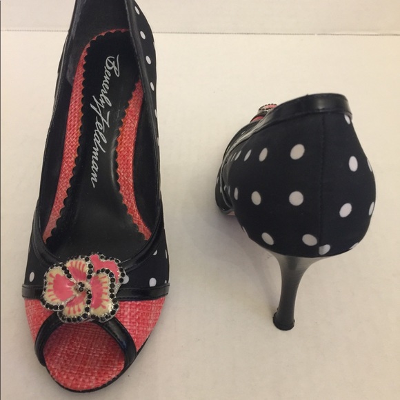 Beverly Feldman🌷Heels Sz 8 Blk/Wht Poka Dot - Picture 6 of 8